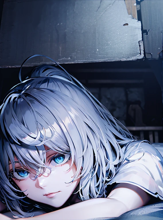 Dark silhouette of a girl on you while you are in bed in the dark , ((Throw)) , ((Blue eyes)) Blonde hair