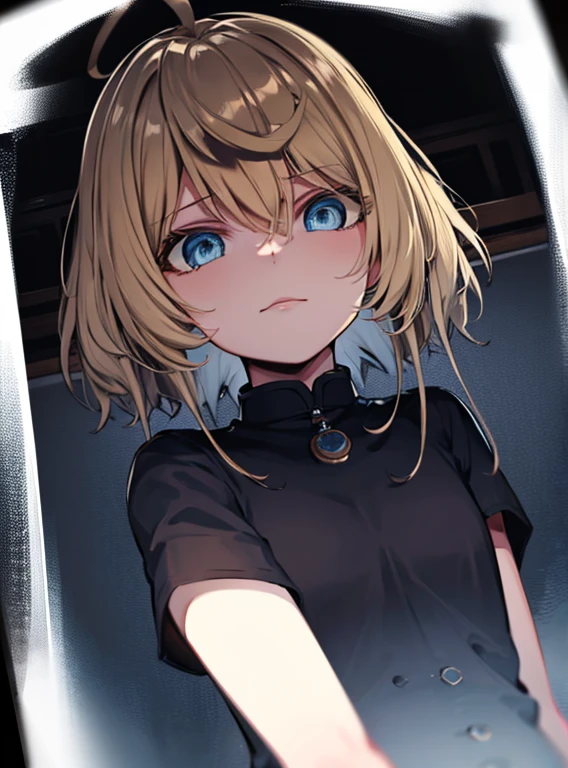 Dark silhouette of a girl on you while you are in bed in the dark , ((Throw)) , ((Blue eyes)) Blonde hair
