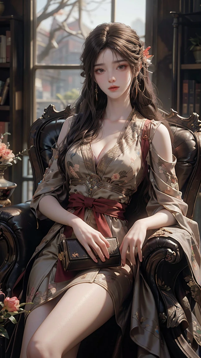 A beautiful woman sitting gracefully, ((Visible cleavage)), realistic style, detailed and rich textures. She has long, flowing hair, expressive eyes, and a warm smile. Her attire is elegant, with intricate patterns and delicate fabric. She is sitting on a vintage armchair, surrounded by a cozy, well-decorated room with soft lighting. The background includes a bookshelf filled with books, a vase with fresh flowers, and a window showing a serene garden outside. Her posture is relaxed, with one leg crossed over the other and her hands gently resting on her lap. The scene is bathed in natural light, highlighting the fine details of her features and the surrounding environment. Anatomically correct