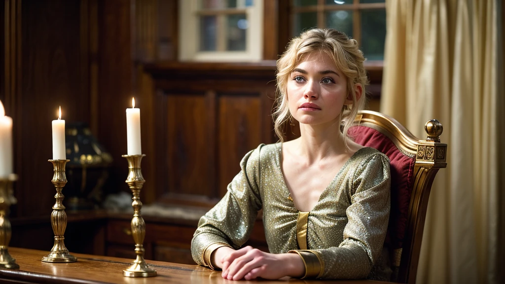 (Imogen Poots), medieval queen, serious expression,

dull realistic lighting, sitting on a throne, 3/4 angle,

75mm, Technicolor, Panavision, cinemascope, sharp focus, fine details, 8k, HDR, (realism, realistic), key visual, (film still), superb cinematic color grading, depth of field, (canon eos 7d mark3, 55mm, f2.8, 8k resolution, casual photo, (natural beauty)), natural,