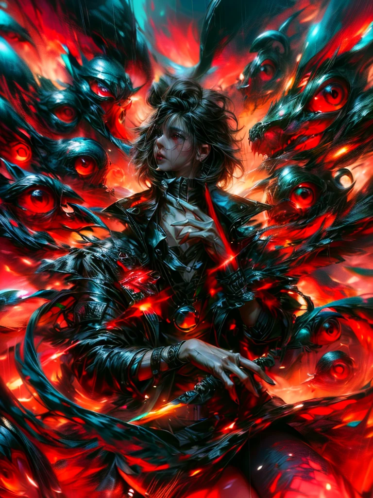 Man with black hair and red eyes, surrounded by red eyes. Dark coat with red details, holding sword in right hand, left hand making contemplative gesture. (male: 2), Character away, work of art, best qualityer, (Extremely detailed CG 8k unity wallpaper), (best qualityer), (best illustration), (best shade), absurderes, realistic lighting, (bright), beautiful detailed glowing, arte de PeterMohrBacher, detailed character, 85mm camera. Extremely detaild, 8k, HDR, naturallight, cinematic lighting, masterpiece-anatomy-perfect, ultra HD, RAW photo, metallic, professional, ultra-fine painting, perfect body proportions, anatomically correct, uhd, real texture material, Anti-Aliasing, FKAA, TXAA, SSAO, Post Processing, Post Production, Tone Mapping, CGI, VFX, SFX, hyper maximalist, Volumetric, ultra photorealultra-detailed intricate details.