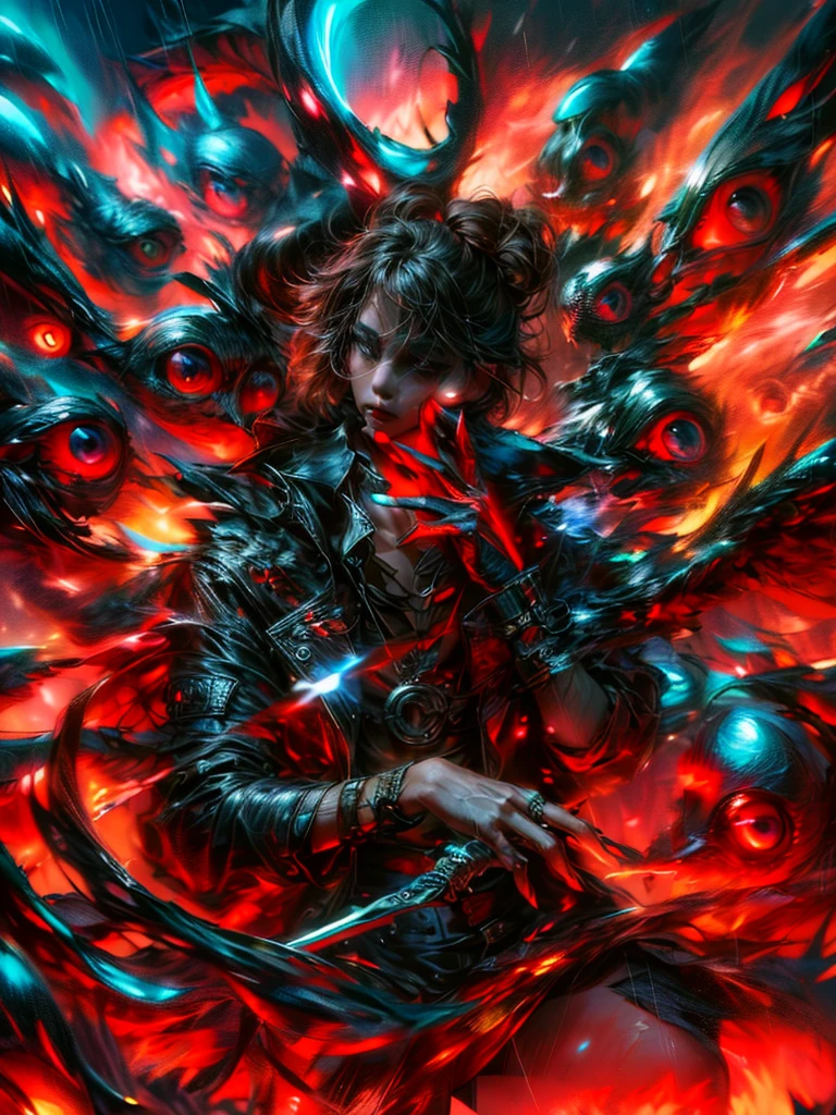 Man with black hair and red eyes, surrounded by red eyes. Dark coat with red details, holding sword in right hand, left hand making contemplative gesture. (male: 2), Character away, work of art, best qualityer, (Extremely detailed CG 8k unity wallpaper), (best qualityer), (best illustration), (best shade), absurderes, realistic lighting, (bright), beautiful detailed glowing, arte de PeterMohrBacher, detailed character, 85mm camera. Extremely detaild, 8k, HDR, naturallight, cinematic lighting, masterpiece-anatomy-perfect, ultra HD, RAW photo, metallic, professional, ultra-fine painting, perfect body proportions, anatomically correct, uhd, real texture material, Anti-Aliasing, FKAA, TXAA, SSAO, Post Processing, Post Production, Tone Mapping, CGI, VFX, SFX, hyper maximalist, Volumetric, ultra photorealultra-detailed intricate details.