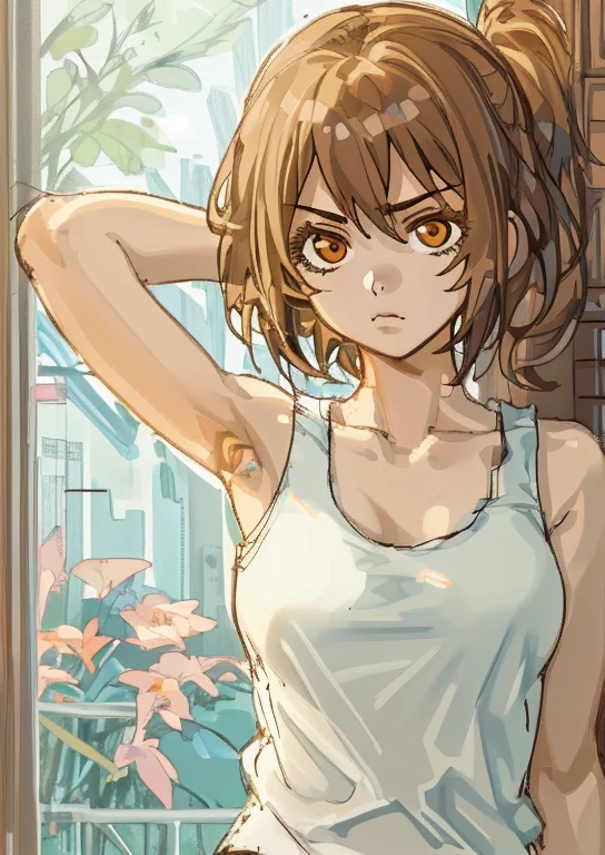 ((Best quality)), 1girl, tank top, brown hair, brown eyes