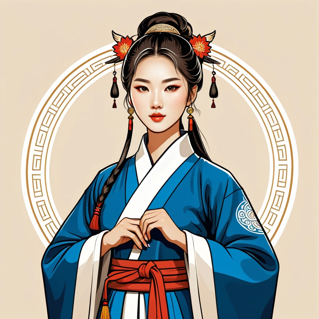 female mage in korean folk outfit ,vector graphics, strong contours, logo design
