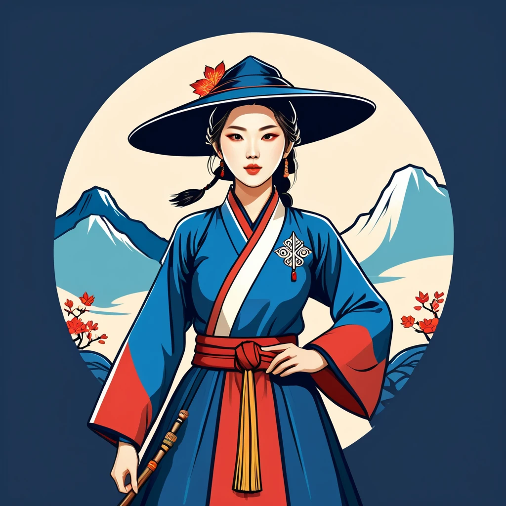 female mage in korean folk outfit ,vector graphics, strong contours, logo design