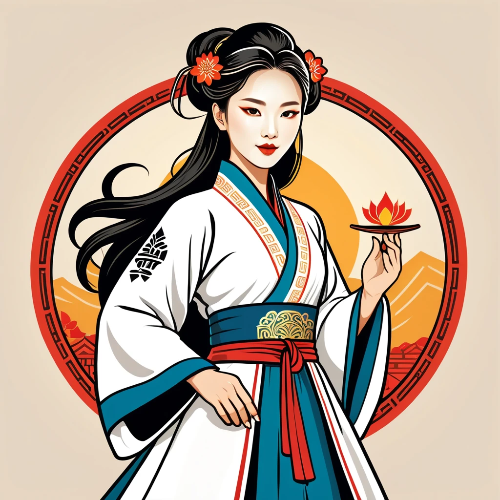 female	magician	in korean folk outfit	,vector graphics, strong contours, logo design																						