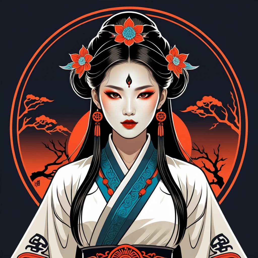 female	necromancer	in korean folk outfit	,vector graphics, strong contours, logo design																						