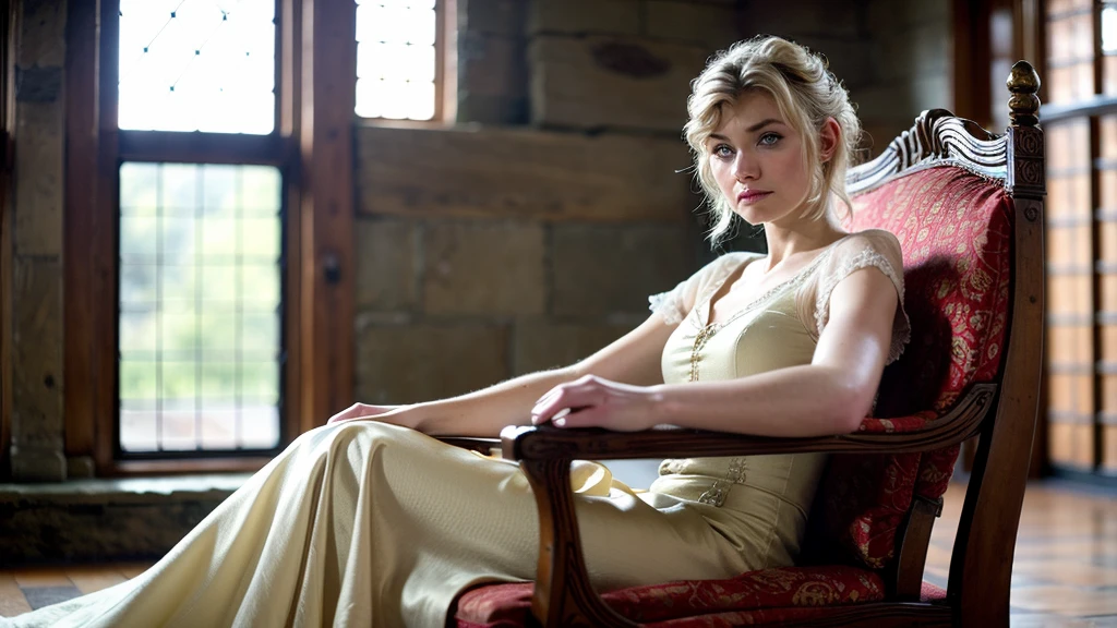 ((Imogen Poots)), medieval queen, serious expression,

dull lighting, sitting on a throne, 3/4 angle,

75mm, Technicolor, Panavision, cinemascope, sharp focus, fine details, 8k, HDR, (realism, realistic), key visual, (film still), superb cinematic color grading, depth of field, (canon eos 7d mark3, 55mm, f2.8, 8k resolution, casual photo, (natural beauty)), natural,