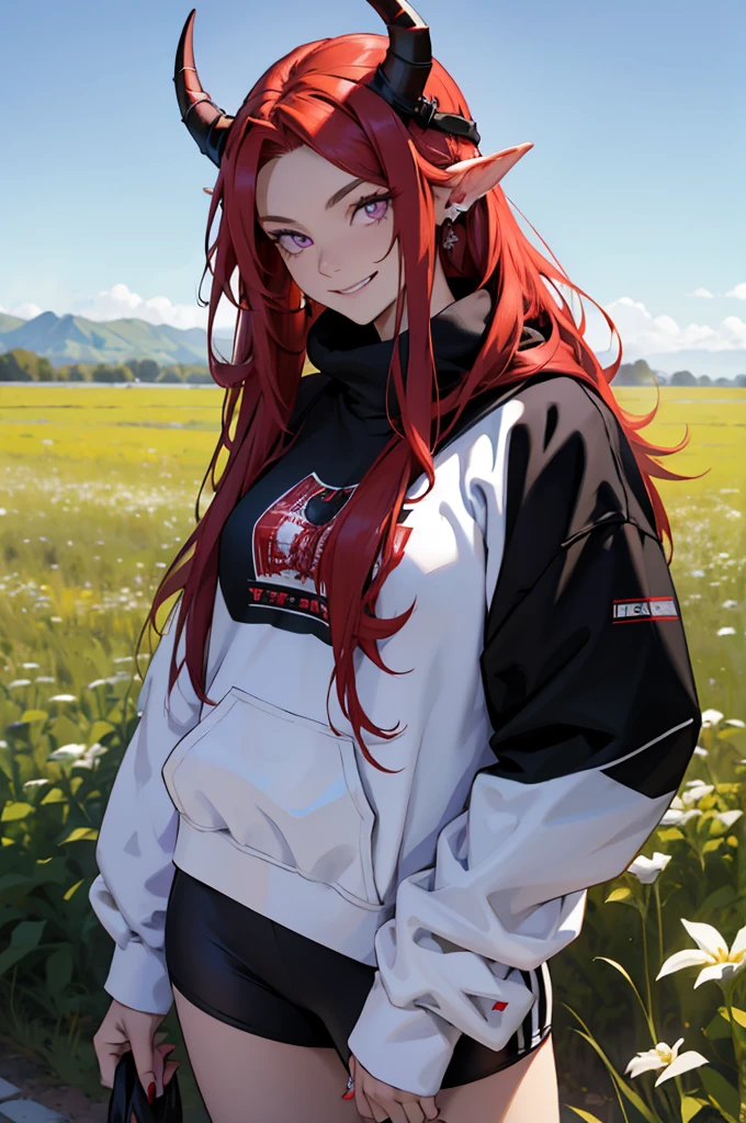 woman, long hair, red hair, on her head she has two horns, violet eyes, she is smiling, wears a sweatshirt, black sweatshirt, wears white clothing underneath, wears two rings in your hand, the scene is in a field