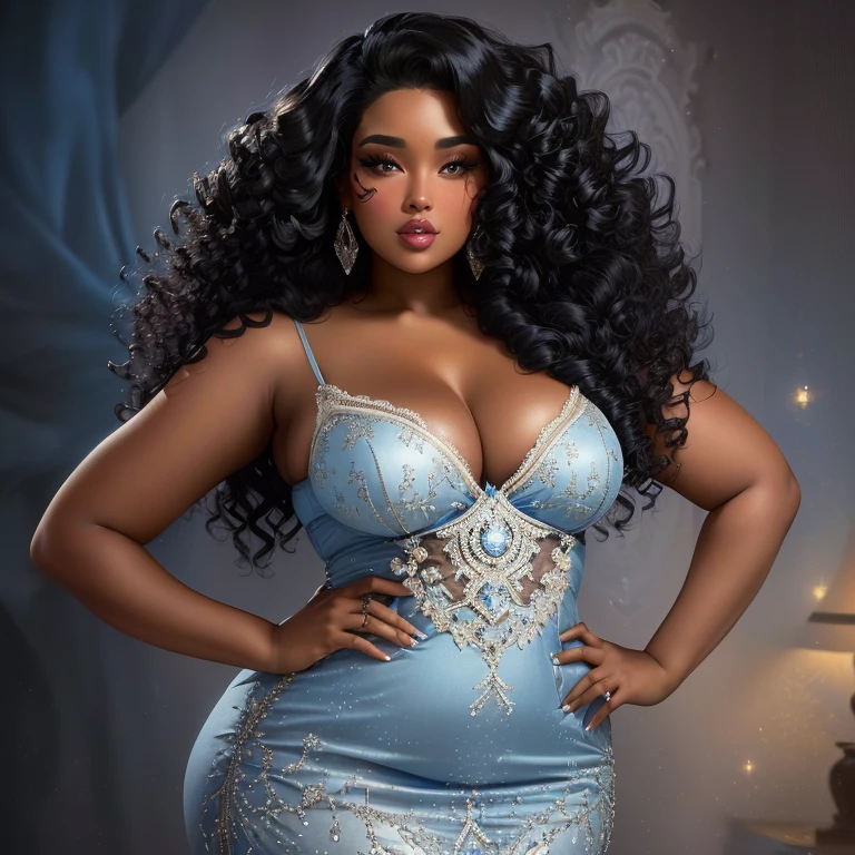 araffe woman in a blue dress posing for a photo, alluring plus sized model, curved. detailded, curls and curves, curved, long curvy black hair, curved. detailded expression, 4 k glamor photography, glamor photography, attractive feminine curves, curvy model, plus size woman, plus size, curvy hourglass figure, lizzo