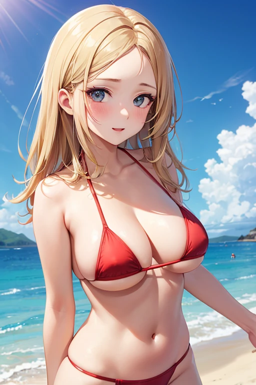 One Woman, Highest quality, masterpiece, Super Resolution, Large Breasts, Red micro bikini, Idol, Beauty, Underboob, Sideboob, Beach, from the front, Cleavage, 8k, High resolution eyes, High-resolution contours, Mature Woman, Married Woman, Adult charm, 大人のsex appeal, Forehead visible, Stylish, Sexy expression, Mother, High-resolution pupils, blush, Droopy eyes, High resolution face, Blonde, deck, sexy, High resolution breasts, Ultra HD, Open your mouth, model, Emphasize the chest, Upper Body, sex appeal, High resolution mouth, Sandy Beach, Ocean, Standing posture, Bitch, Sexy body