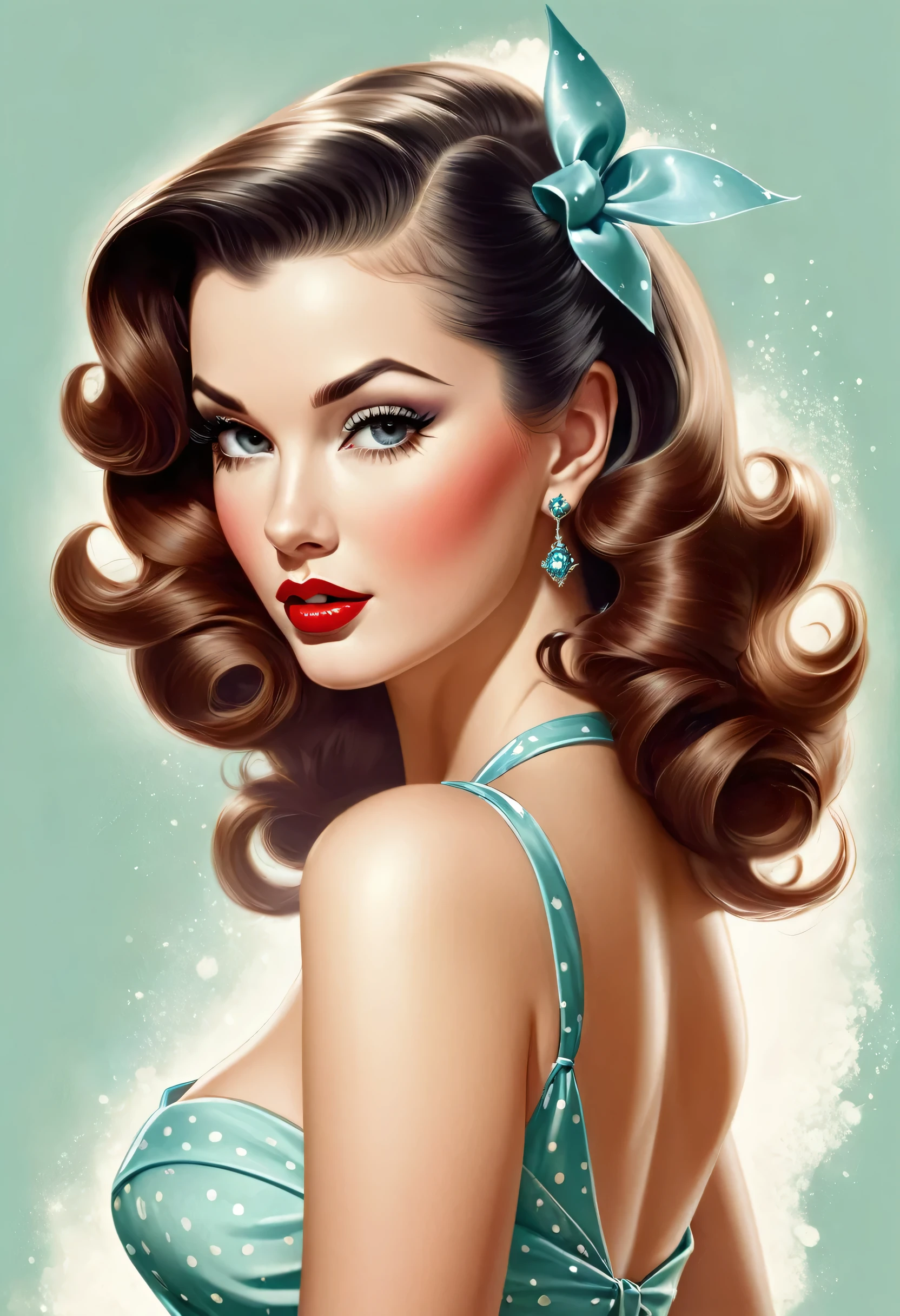Drawing of a woman with long hair and dress, Illustrates??or airbrush, by Ric Nagualero, anna dittmann alberto vargas, arte pin-up, drawn in the style of artgerm, by Randy Vargas, beautiful beautiful digital art, beautiful digital art, inspired by Alberto Vargas, Beautiful drawing style, beautiful digital artwork, pin-up girl