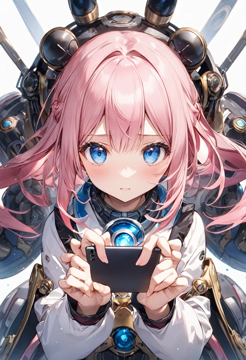 Tablets、Both hands in front、、Girl with pink hair、blue eyes、Twin Drill