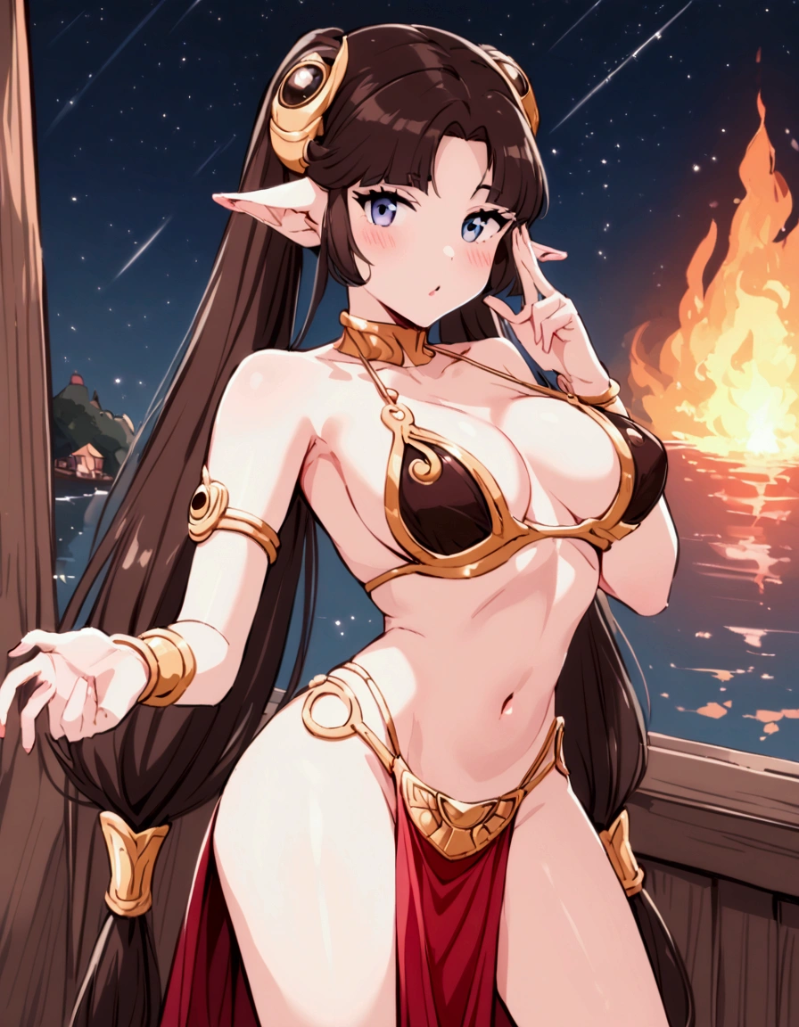 A cute woman is portraying Princess Leia, she is in the princess leia slave bikini. she is awkwardly doing trendy Tik Tok dances, set on a star ship near a view port
