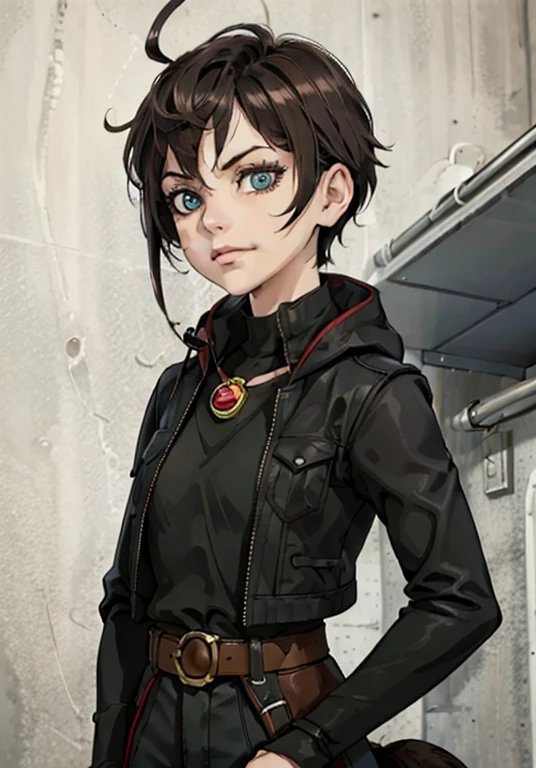 (high-quality, breathtaking),(expressive eyes, perfect face) Symmetrical Eyes, portrait, Star Wars Universe, 1girl, female, adult, mechanic, punk jacket, shirt, short sleeved, gloves, pants, belt, wrench, crystals on belt, messy hair, black hair color, brown eye color, short hair length, stylized hairstyle, pixie haircut, tall, technician outfit, engineer, workshop background, work bench, tools, mature, narrow eyes, dog tag necklaces, slight smirk
