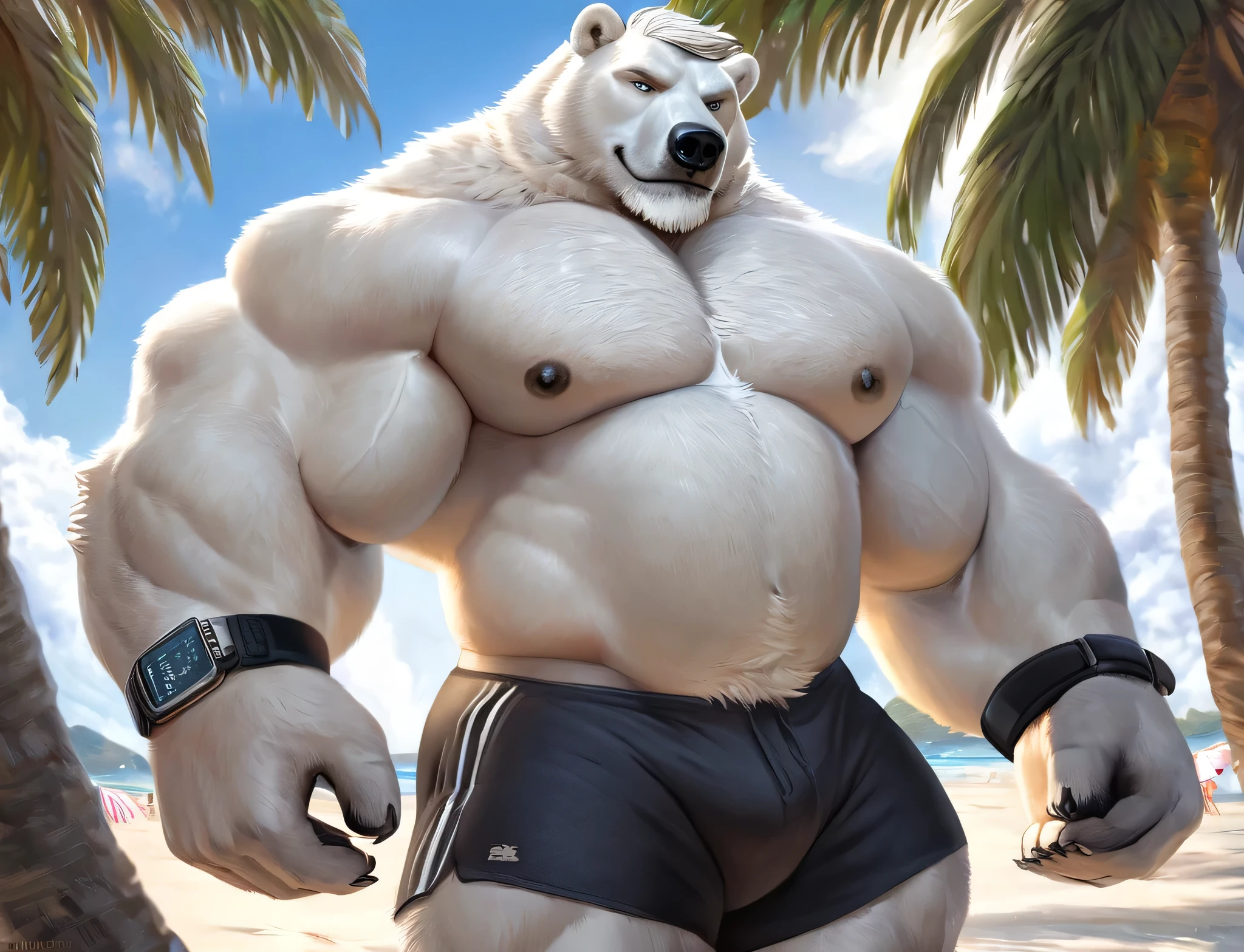 huge muscular polar bear Dad in Tropical Beach, big smirk, polar bear, huge white fur, thick arm, huge arm, bearded. Short white hair and white beard, white mustache, bearded white, (muscular, pectoral, wide pectoral, thick arms), correct anatomy, beach, palm, realistic, detailed eyes, 8k, masterpiece, (wearing black shorts, wristband, watch and shirtless), straining, gainig massive muscle power