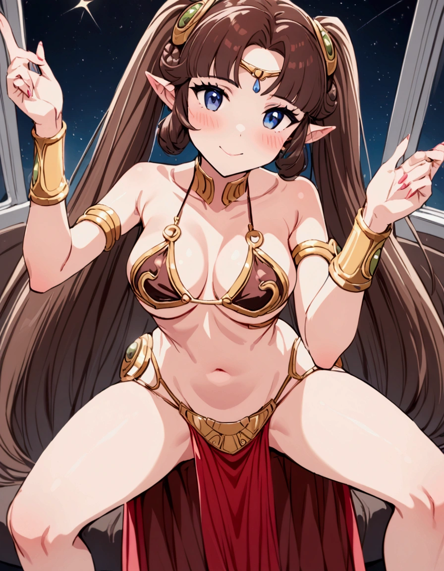 A cute woman is portraying Princess Leia, she is in the princess leia slave bikini. she is awkwardly doing trendy Tik Tok dances, set on a star ship near a view port