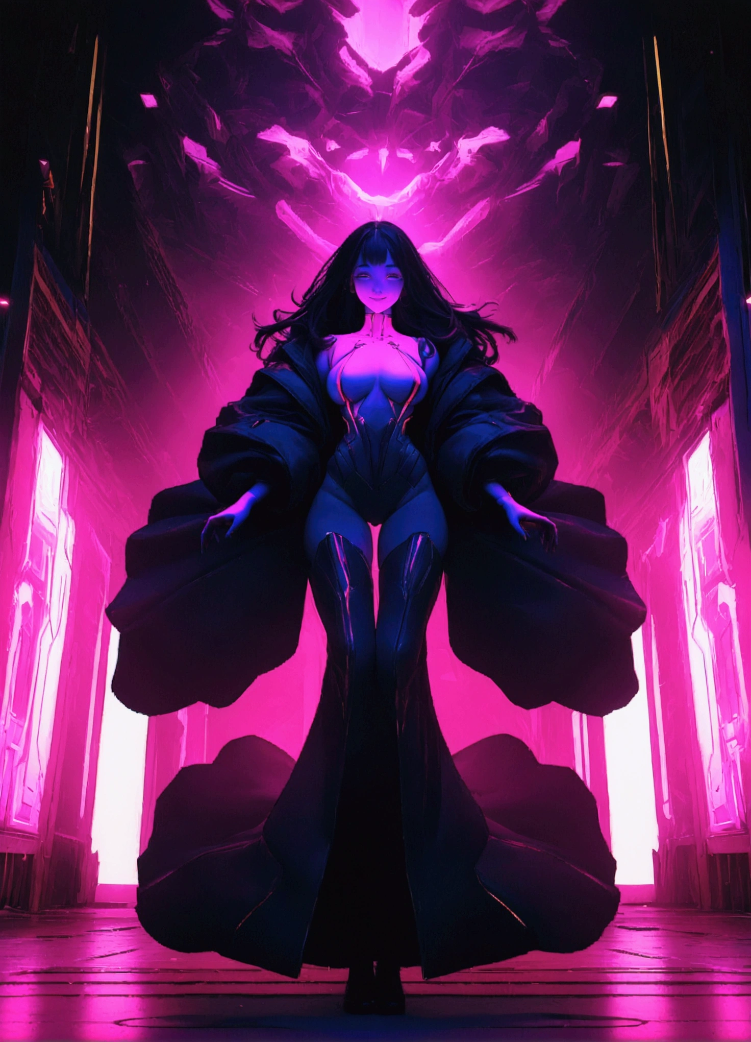 (8k, RAW Photos, highest quality, masterpiece: 1.2), beautyfull woman, cyberpunk, animation, fantastic and mysterious background, high saturation, high contrast, smiling face, full body shot