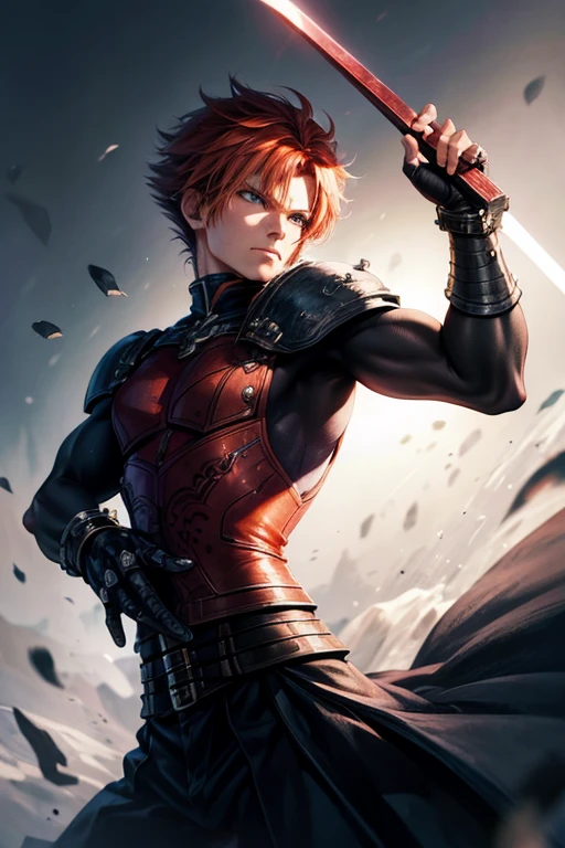 grizzled human adventurer warrior, male focus, (SHORT RED HAIR: 1.1), fantasy battlefield at night, holding an iron sword, Accurate shot, ((looking ahead at viewer:1.2), (from sideways:0.8)), casual clothes, Athletic, Volumetric lighting Dynamic lighting, real shadows, vibrant contrasting colors, Stephen Hickman and Stan Manoukian style, ultra realistic, work of art, high qualiy, high resolution, sharp focus, intrikate, sharp details, highy detailed, rich colour, 8k,