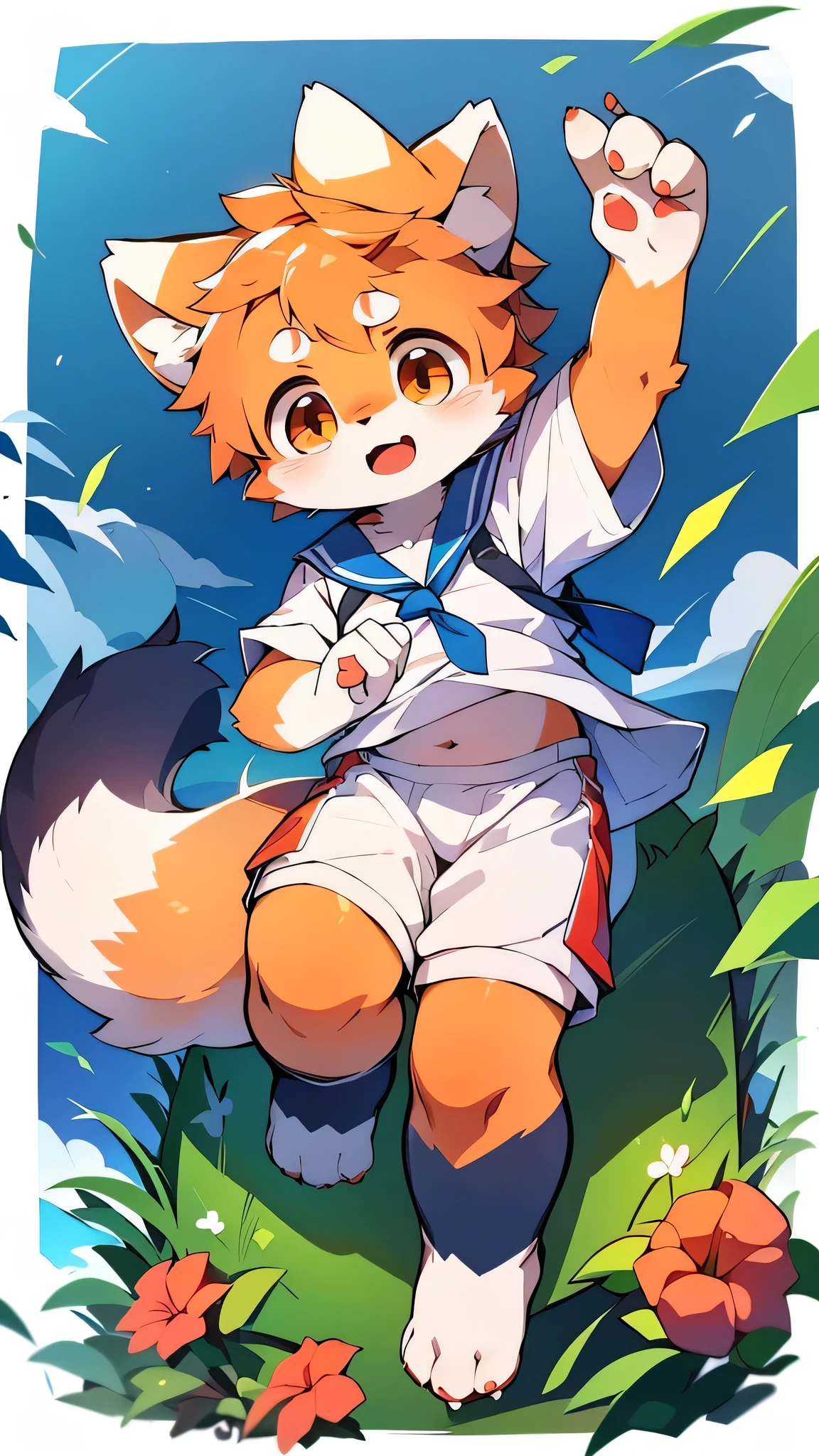 Red Panda Boy,Characteristics of the Sailor Suit,super high quality,Very detailed,High resolution,Cute art style in anime,Cityscape,(Cheerful teenager,:1.3),alone,single,Cute face male