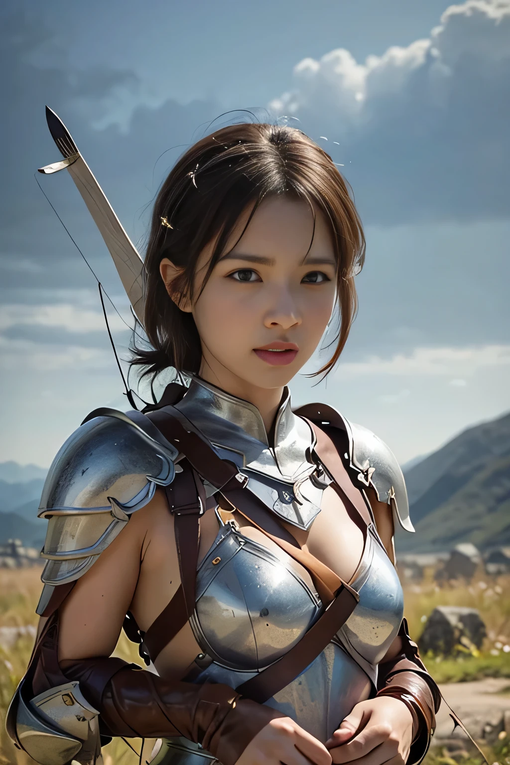 8k,A female adventurer from another world,so beautiful(Like the real thing),((Girl in leather armor:1.4)),((A woman with short brown hair:1.4)),blue eyes,((Woman shooting with a stone crossbow:1.5))、Brown combat trousers,Dagger on hip,Walking in mountainous areas,Perfect Face,Perfect hand shape,charm,Volume measurement,Body balance,超High resolution,super Realistic skin,Digital single-lens reflex camera, Soft lighting, high quality, Highly detailed face, Highly detailed eyes, highly detailed skin, skin, Scattered under the surface, Highly detailed face, Highly detailed eyes, Beautiful expression, Lip, Detailed Background, Written boundary depth, Small breasts、Volumetric Lighting, Sharp focus, Absurd, Realistic proportions, Excellent anatomy, (Realistic, 超Realistic:1.4), 16k hdr, dawn,High resolution,super Realistic skin,super Beautiful expression,Fantasy art,Character Art,Dynamic pose,compensate,Brown cloak,((Carrying a big bow:1.4)),