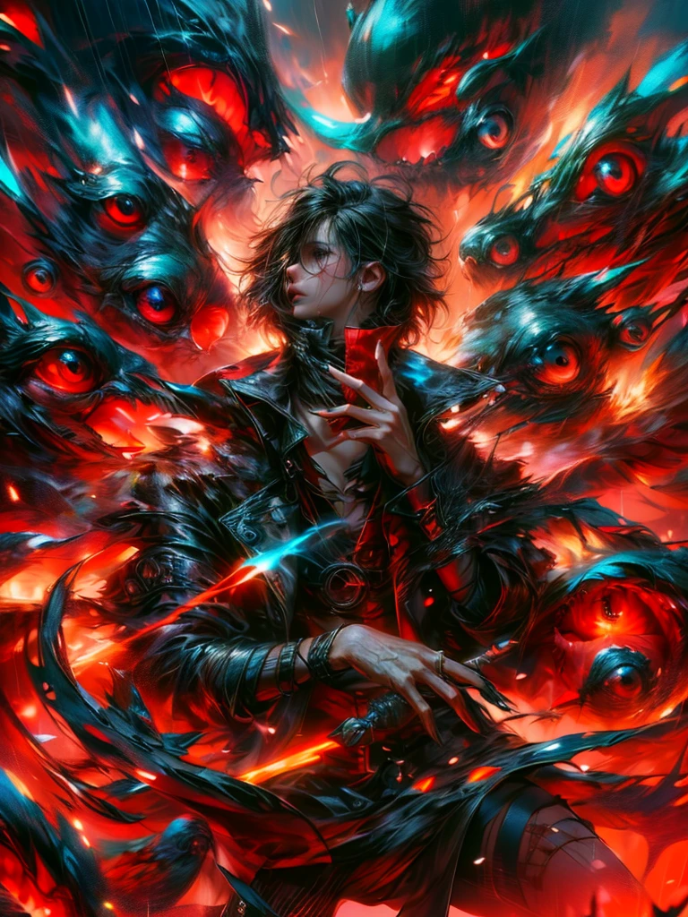 Man with black hair and red eyes, surrounded by red eyes. Dark coat with red details, holding sword in right hand, left hand making contemplative gesture. (male: 2), Character away, work of art, best qualityer, (Extremely detailed CG 8k unity wallpaper), (best qualityer), (best illustration), (best shade), absurderes, realistic lighting, (bright), beautiful detailed glowing, arte de PeterMohrBacher, detailed character, 85mm camera. Extremely detaild, 8k, HDR, naturallight, cinematic lighting, masterpiece-anatomy-perfect, ultra HD, RAW photo, metallic, professional, ultra-fine painting, perfect body proportions, anatomically correct, uhd, real texture material, Anti-Aliasing, FKAA, TXAA, SSAO, Post Processing, Post Production, Tone Mapping, CGI, VFX, SFX, hyper maximalist, Volumetric, ultra photorealultra-detailed intricate details.
