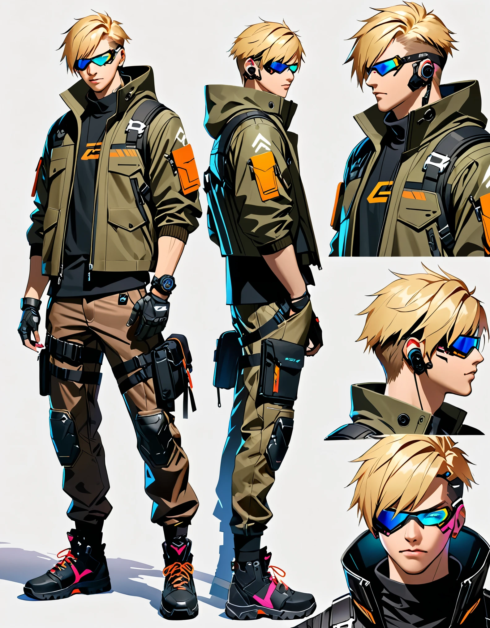 (masterpiece), (best quality), (high res), 1male, blond-haired man in military uniform, detailed eyes, cyberpunk street goon, hyper-realistic cyberpunk style, jetstream sam from metal gear, techwear look and clothes, cyberpunk streetwear, cyberpunk soldier, young blonde boy fantasy thief, soldier outfit, wearing techwear and armor, wearing japanese techwear, soldier 7 6 from overwatch, wearing cyberpunk streetwear, green eyes. Solo, Solo focus, Simple background, Multiple Views, Character Sheet Full-Length.