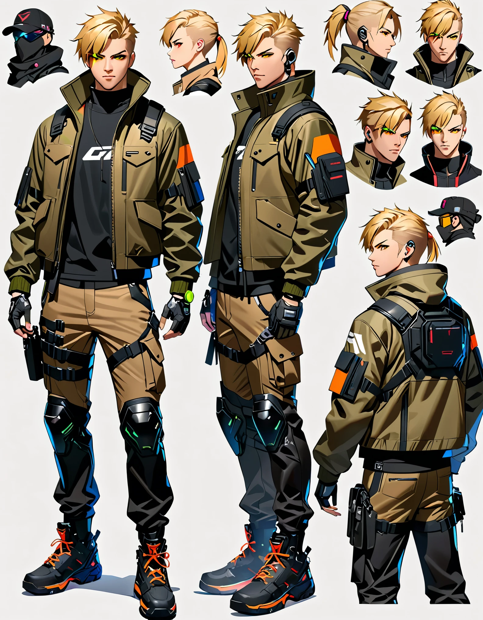 (masterpiece), (best quality), (high res), 1male, blond-haired man in military uniform, detailed eyes, cyberpunk street goon, hyper-realistic cyberpunk style, jetstream sam from metal gear, techwear look and clothes, cyberpunk streetwear, cyberpunk soldier, young blonde boy fantasy thief, soldier outfit, wearing techwear and armor, wearing japanese techwear, soldier 7 6 from overwatch, wearing cyberpunk streetwear, green eyes. Solo, Solo focus, Simple background, Multiple Views, Character Sheet Full-Length.
