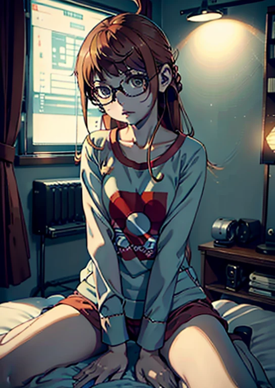 hyper qualit, hyper detailled, perfect drawing, 独奏, futaba, futaba sakura, persona 5, blush, legs spread open (30cm), Embarrassed expression, moist eyes, thin fabric pajamas, in the bedroom, light from the front, forward light, lighting sun, clearface, Masterpiece artwork, hyper qualit, hyper detailled, CG, 3d, 8k,