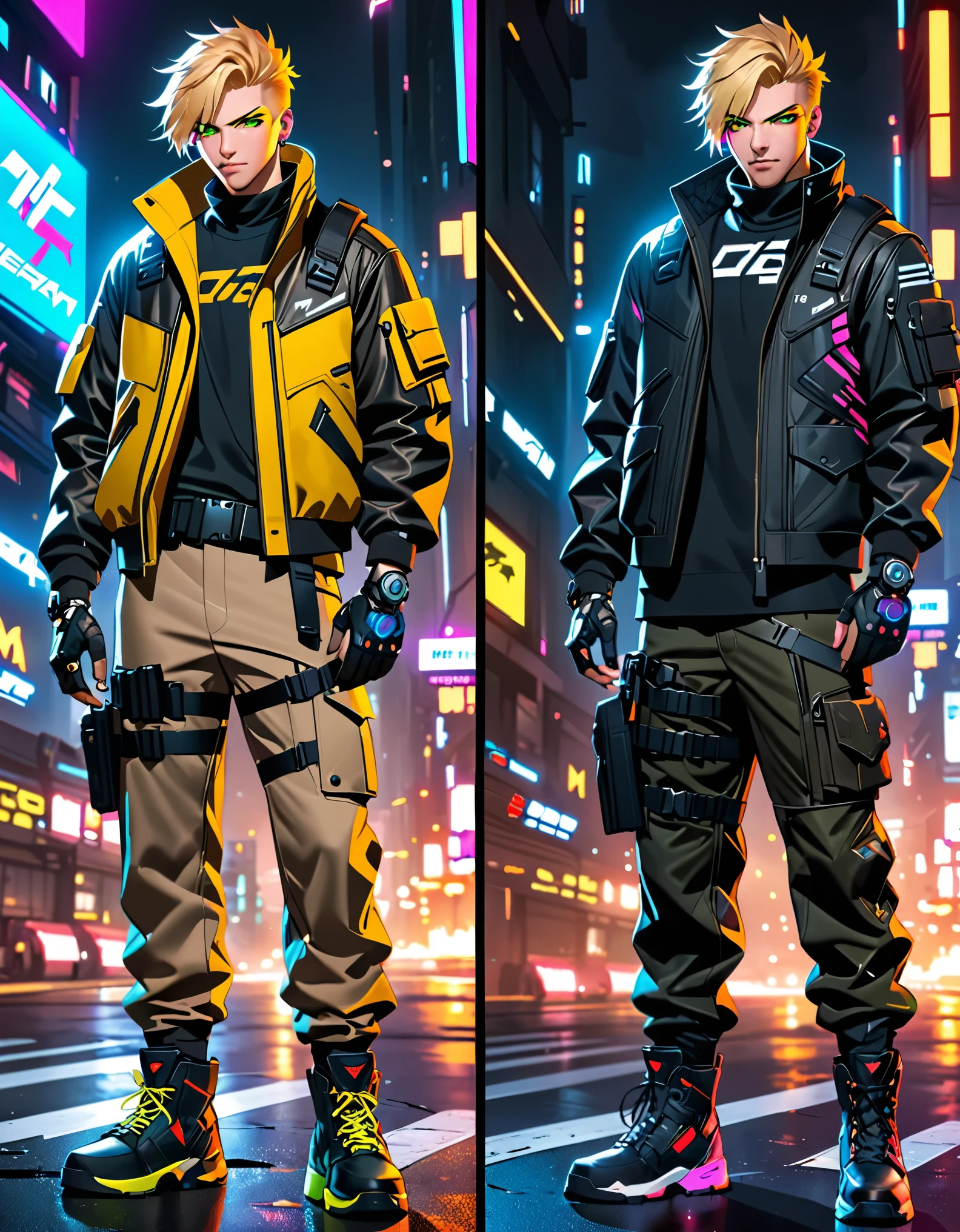 (masterpiece), (best quality), (high res), 1male, blond-haired man in military uniform, detailed eyes, cyberpunk street goon, hyper-realistic cyberpunk style, jetstream sam from metal gear, techwear look and clothes, cyberpunk streetwear, cyberpunk soldier, young blonde boy fantasy thief, soldier outfit, wearing techwear and armor, wearing japanese techwear, soldier 7 6 from overwatch, wearing cyberpunk streetwear, green eyes. Solo, Solo focus, Simple background, Multiple Views, Character Sheet Full-Length.