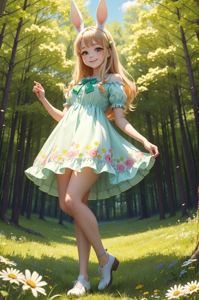 In a bright meadow within a forest, a cheerful girl bunny is smiling warmly. The scene is vibrant and colorful, with green grass, flowers, and tall trees in the background. The bunny is standing upright, wearing a simple dress. Her expressive eyes and fluffy ears show her excitement and friendliness. The atmosphere is welcoming and full of life.