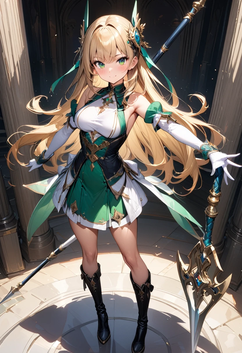 (masterpiece),(best quality),(ultra-detailed),(best illustration),(best shadow),(absurdres),(detailed background),(very aesthetic), 1girl, green-eyes, solo, gloves, blonde-hair, ((long-hair)), white-gloves, looking-at-viewer, full-body, simple-background, boots, weapon, dress, breasts, smile, standing, hair-ornament, closed-mouth, bangs, polearm, outstretched-arms, knee-boots, medium-breasts, holding-weapon, bare-shoulders, detached-sleeves, ribbon, headgear, blush, sleeveless, spear, elbow-gloves, skirt