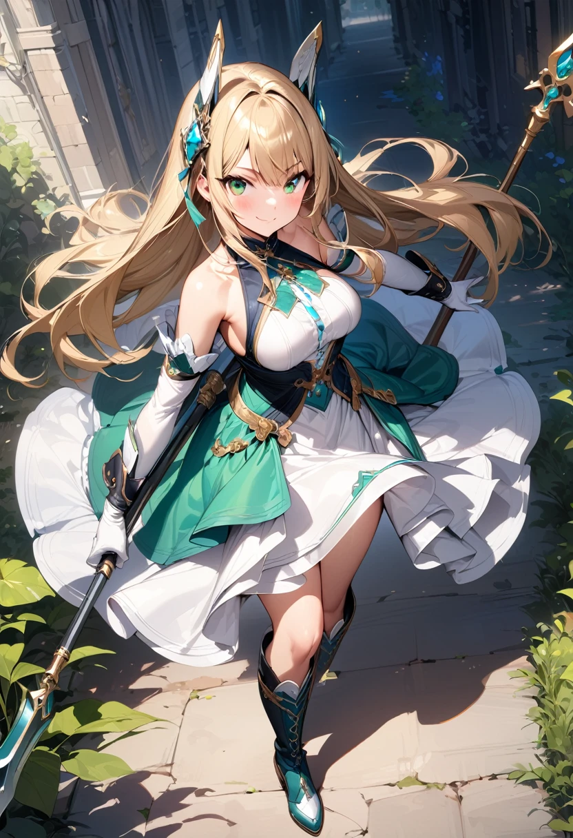 (masterpiece),(best quality),(ultra-detailed),(best illustration),(best shadow),(absurdres),(detailed background),(very aesthetic), 1girl, green-eyes, solo, gloves, blonde-hair, ((long-hair)), white-gloves, looking-at-viewer, full-body, simple-background, boots, weapon, dress, breasts, smile, standing, hair-ornament, closed-mouth, bangs, polearm, outstretched-arms, knee-boots, medium-breasts, holding-weapon, bare-shoulders, detached-sleeves, ribbon, headgear, blush, sleeveless, spear, elbow-gloves, skirt
