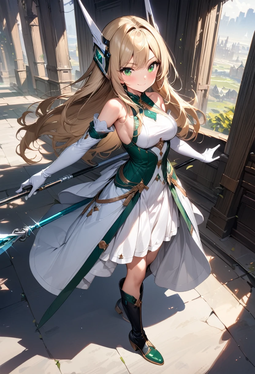 (masterpiece),(best quality),(ultra-detailed),(best illustration),(best shadow),(absurdres),(detailed background),(very aesthetic), 1girl, green-eyes, solo, gloves, blonde-hair, ((long-hair)), white-gloves, looking-at-viewer, full-body, simple-background, boots, weapon, dress, breasts, smile, standing, hair-ornament, closed-mouth, bangs, polearm, outstretched-arms, knee-boots, medium-breasts, holding-weapon, bare-shoulders, detached-sleeves, ribbon, headgear, blush, sleeveless, spear, elbow-gloves, skirt
