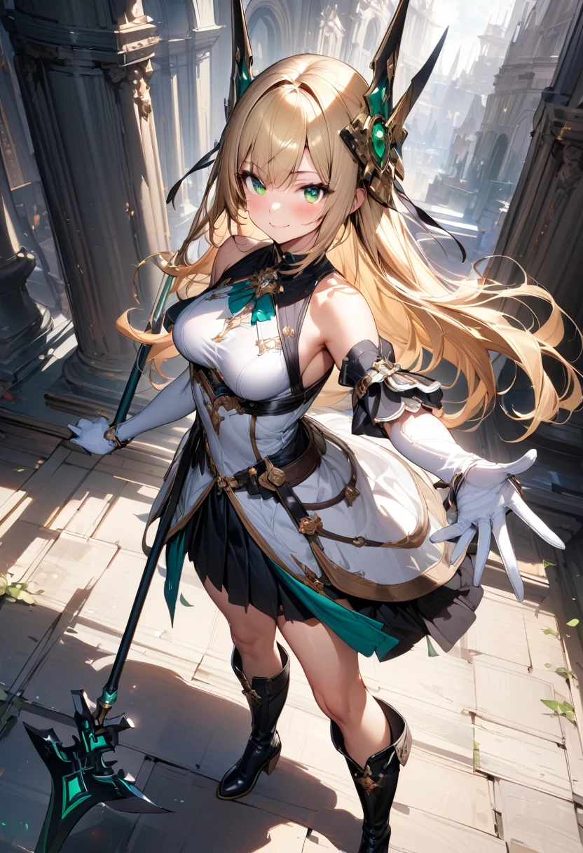 (masterpiece),(best quality),(ultra-detailed),(best illustration),(best shadow),(absurdres),(detailed background),(very aesthetic), 1girl, green-eyes, solo, gloves, blonde-hair, ((long-hair)), white-gloves, looking-at-viewer, full-body, simple-background, boots, weapon, dress, breasts, smile, standing, hair-ornament, closed-mouth, bangs, polearm, outstretched-arms, knee-boots, medium-breasts, holding-weapon, bare-shoulders, detached-sleeves, ribbon, headgear, blush, sleeveless, spear, elbow-gloves, skirt
