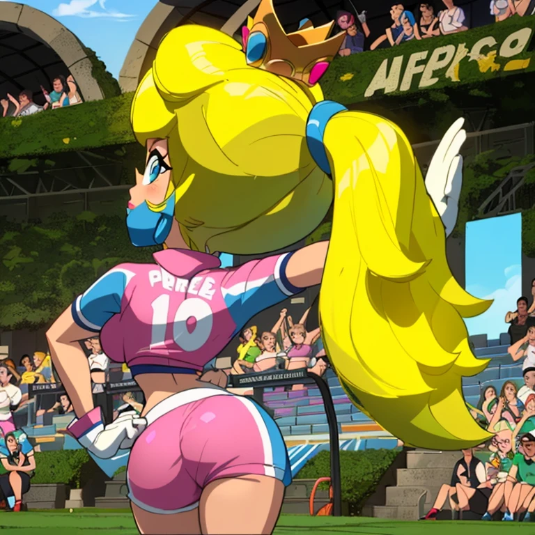 masterpiece, best quality, 4k, high res, detailed, cartoon, cartoon artstyle, anime, 1girl, solo, detailed face, highest quality, 1girl, solo, long hair, breasts, blue eyes, blonde hair, ponytail, earrings, crown, princess peach, pink lipstick, eyes closed, head turned to the side, wearing pink sports shorts and pink short-shorts, white gloves with purple cuffs, wide hips, narrow waist, hourglass figure, round ass, butt sticking out from shorts, left hand on hip, right hand raised up, (back shot:1.3), shot taken from behind, outdoors, detailed, detailed background, soccer stadium, crowds of people in the bleachers
