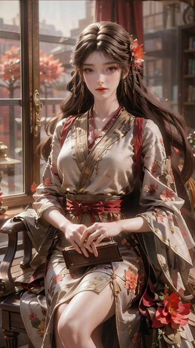 A beautiful woman sitting gracefully, ((Visible cleavage)), realistic style, detailed and rich textures. She has long, flowing hair, expressive eyes, and a warm smile. Her attire is elegant, with intricate patterns and delicate fabric. She is sitting on a vintage armchair, surrounded by a cozy, well-decorated room with soft lighting. The background includes a bookshelf filled with books, a vase with fresh flowers, and a window showing a serene garden outside. Her posture is relaxed, with one leg crossed over the other and her hands gently resting on her lap. The scene is bathed in natural light, highlighting the fine details of her features and the surrounding environment. Anatomically correct