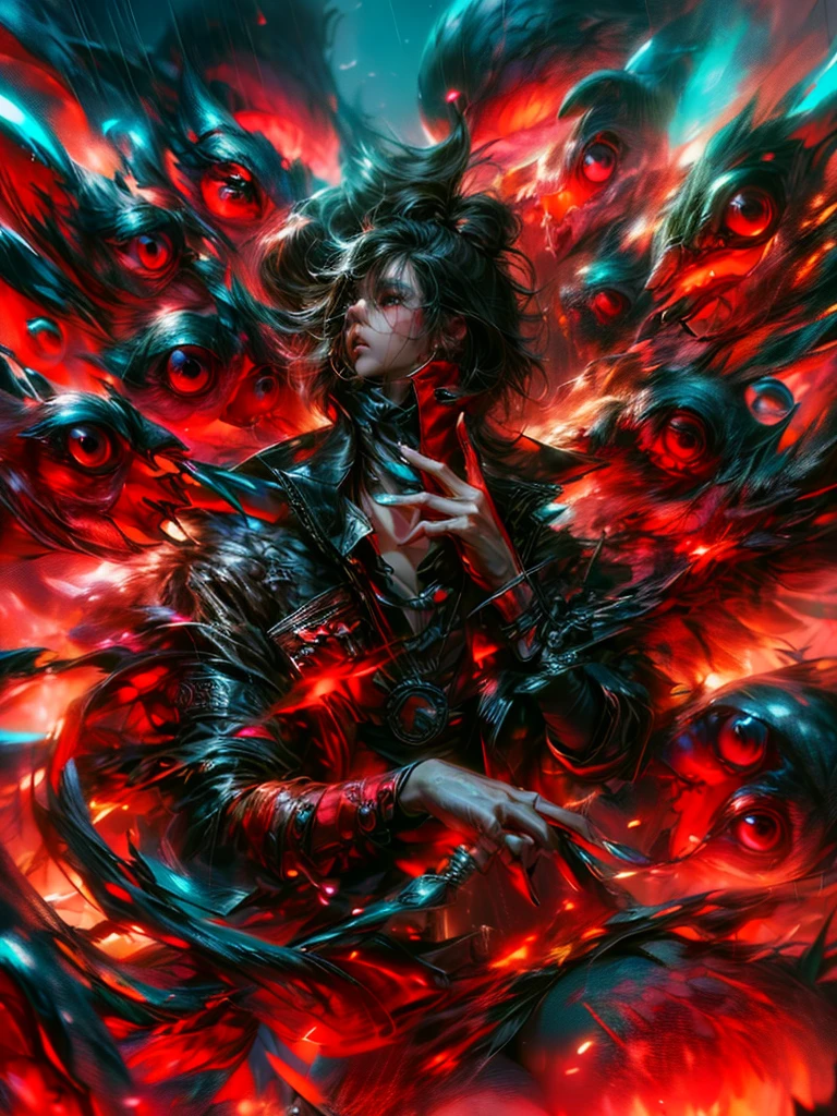 Man with black hair and red eyes, surrounded by red eyes. Dark coat with red details, holding sword in right hand, left hand making contemplative gesture. (male: 2), Character away, work of art, best qualityer, (Extremely detailed CG 8k unity wallpaper), (best qualityer), (best illustration), (best shade), absurderes, realistic lighting, (bright), beautiful detailed glowing, arte de PeterMohrBacher, detailed character, 85mm camera. Extremely detaild, 8k, HDR, naturallight, cinematic lighting, masterpiece-anatomy-perfect, ultra HD, RAW photo, metallic, professional, ultra-fine painting, perfect body proportions, anatomically correct, uhd, real texture material, Anti-Aliasing, FKAA, TXAA, SSAO, Post Processing, Post Production, Tone Mapping, CGI, VFX, SFX, hyper maximalist, Volumetric, ultra photorealultra-detailed intricate details.