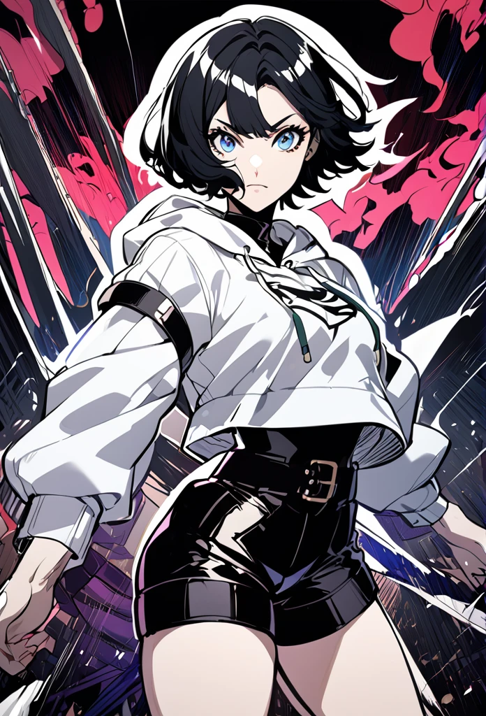 1woman, woman, one woman, jojo's bizarre adverture style, white hoodie, Black shorts, short hair, black hair.