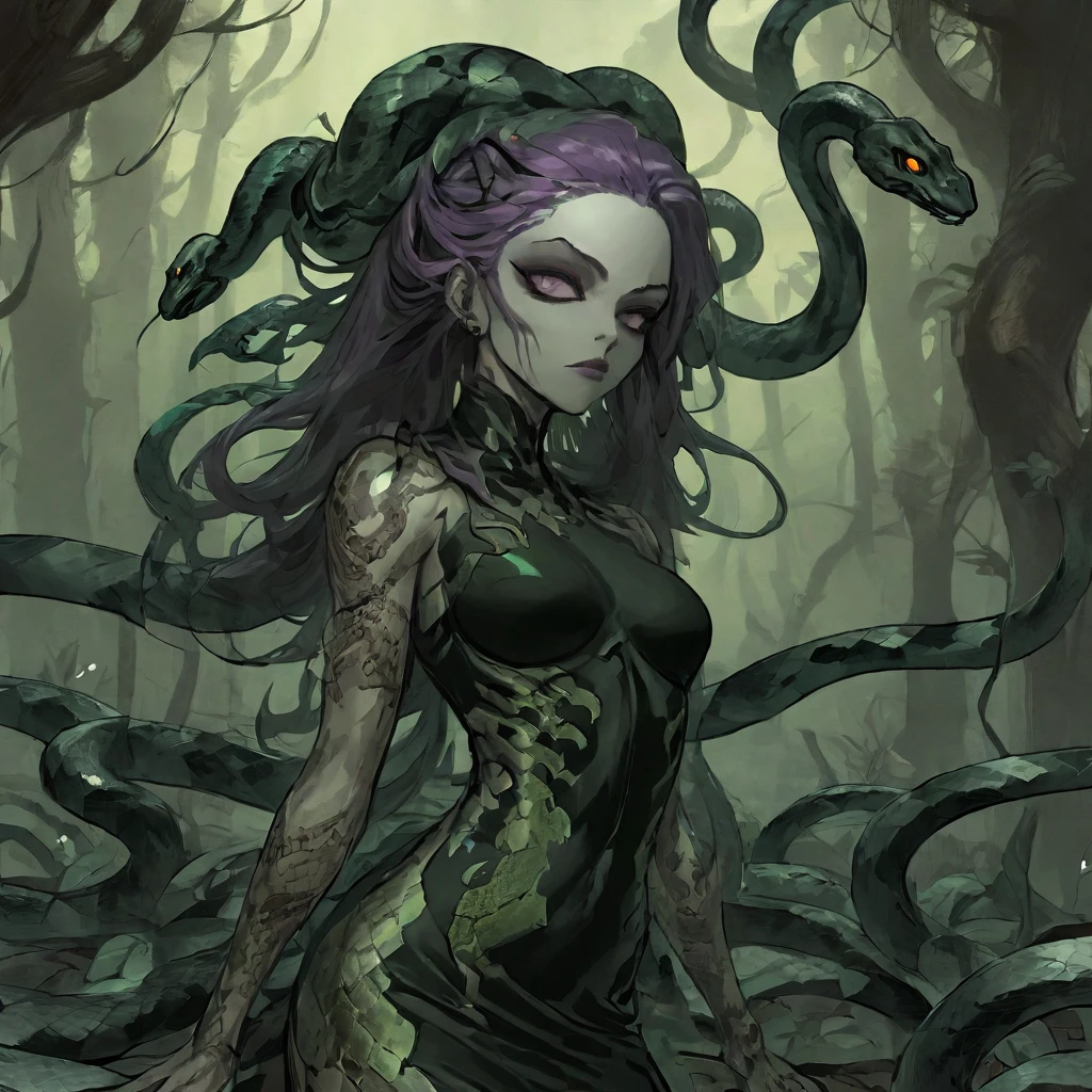 splash page decompressed comic cover art, joelle jones style expressive ink comic, rich color grading, rotoscope hyperrealism, frederic delavier musculature anatomy detailed accurate precise illustration, internal mechanics of robotic Medusa, cinematic, chiaroscuro lighting, surreal, slender medusa filled with steampunk gears and machinery, vertigo, overwhelming, intense, depth, Medusa, splash page decompressed comic cover art, ink style figure, candid, snake skin dress, ((art style expressive Joelle Jones and "Sean Gordon Murphy" comic drawing)), wordless, cinematic poster double exposure, optical illusion, image within image, abyss void black no visibility darkness, full body portrait, (background, pine barrens, entropy, rewilding, magic hour sunset, galaxy stars, cosmos), (horror, abstract, surreal, body, cosmic), body anatomy drawn in Frederic Delavier musculature anatomical illustration art style, (face, ornate black metal corpse paint, resembles Grace Jones), (body, Naga, snakefolk, lower body snake tail, snake woman hybrid, bald, hairless, skeleton, snake skin tattoos, piercing eyes, snake pupils, over the shoulder), (colors, merge bleak muted deep fiery radiant glowing ROYGBIV, forest green to earth brown), craftsmanship nuance, (art style Gerardo Zaffino charcoal), subliminal orchids, nyctophobia, (wordless, single image), silhouette, black scales, pale skin, purple eyes