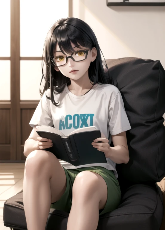 (masterpiece:1.2, best quality:1.1, highres,absurdres, high quality),(photorealistic:1.1),reflected light, colorful,ultra-detailed, ultra hd, super detailed,
nagatoro hayase,yellow eyes, long hair,black hair, dark-skinned ,hairpin,dark skin, tan, glasses,   dolphin shorts, t-shirt, ,holding book,sitting on bean bag chair, reading,  
 