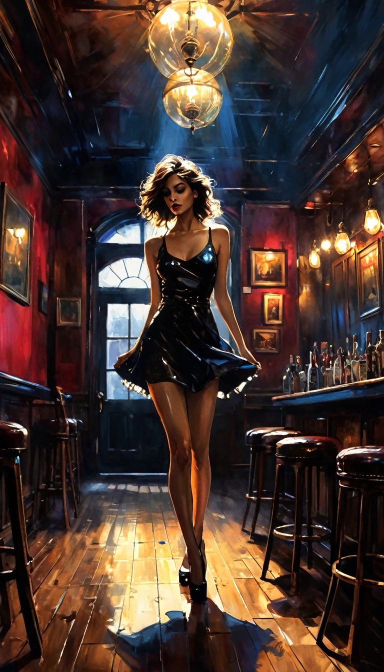 sexy girl has fun dancing alone in a pub, between shadows, oil painting, chiaroscuro, sensual, dramatic lighting, moody atmosphere, photorealistic, intricate details, masterpiece, ultra-detailed, high quality, 8k, best quality, realistic, cinematic, dark and brooding, expressionistic, powerful composition, emotional impact, Bill Sienkiewicz inspired art