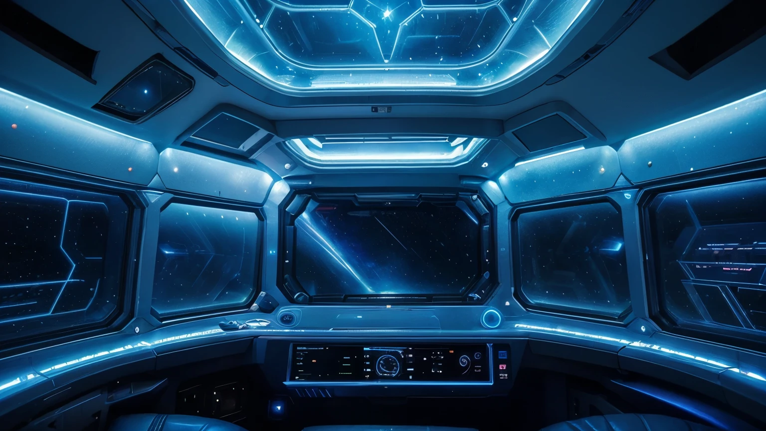 Inside view of an interstellar space ship bedroom, dreamy, dim blue lights, complex equipment, holographic decorations, dreamy, futuristic, ultra high quality, tiny details, spacepunk, very complex walls and apparatus, big, high ceiling, vast, calm,