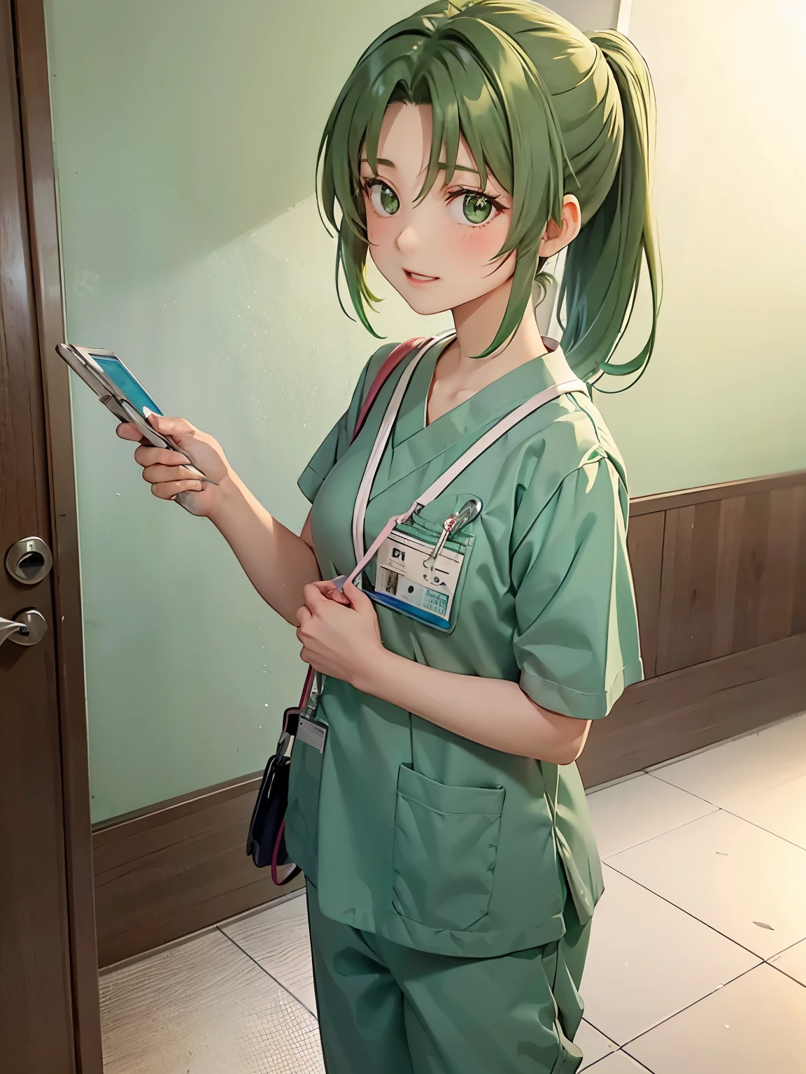 girl, alone, Mion Sonozaki, green eyes, ponytail,, ponytail, Medical scrub、scrub、Female nurse、Hold in hand、Short sleeve、Long trousers, (ID card)、strap、Hospital corridor、Warm lighting、sense of cleanliness