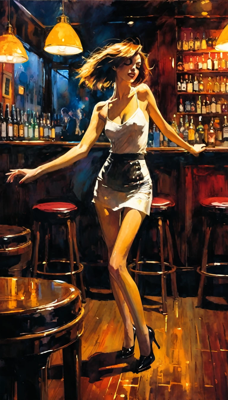 sexy girl has fun dancing alone in a pub, between shadows, oil painting, emotional impact, Bill Sienkiewicz inspired art