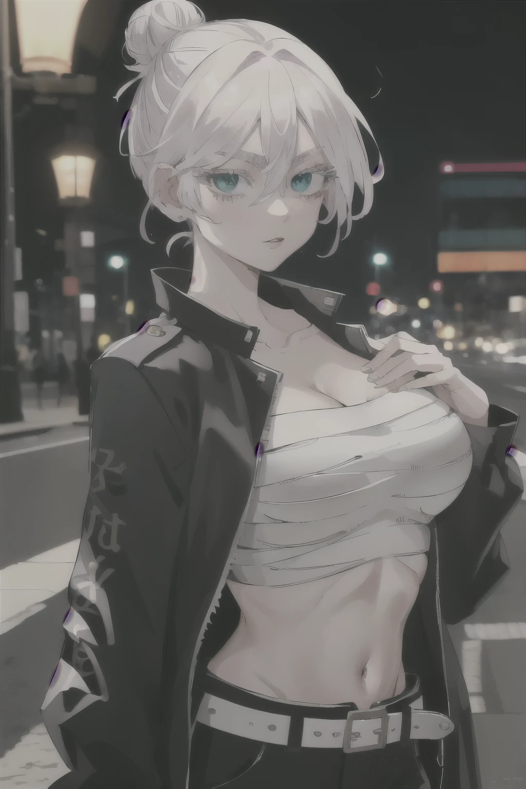 masterpiece, best quality, highres, 1girl, solo, short hair, white hair, hair bun, hair between eyes, colored eyelashes, aqua eyes, cleavage, sarashi, (big breasts: 1.2), bandages, black jacket, open clothes, long sleeves, midriff, belt, black pants, standing, cowboy shot, outdoors, street, night