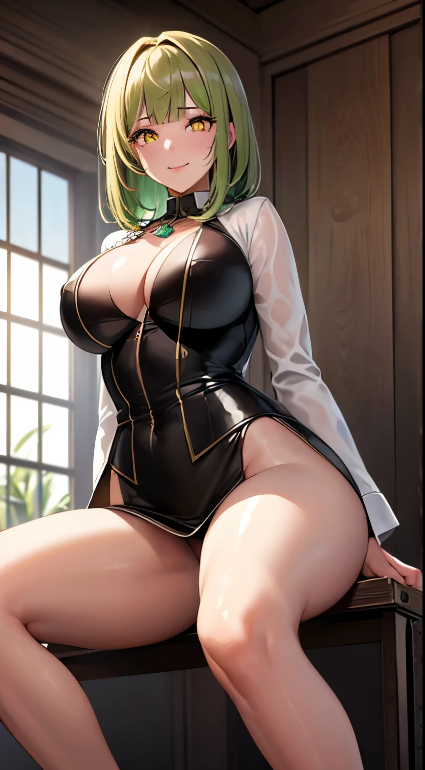 (((light brown hair、Medium Hair,medium hair,light green streaked hair,highlight hair,blunt bangs,Slit eyes,yellow green eyeshadow)))、(Best image quality)、(Very detailed)、(Very detailed)、4K、(8k)、Best image quality、(beautiful白っぽい肌),(masterpiece), Highest quality, Expressive eyes, Perfect Face,(Highest quality:1.2,Wicked Woman,CG, Very detailed, Attention to detail, digital coloring, High Contrast, masterpiece:1.2,suit, Highest quality, Best aesthetics), 8k,masterpiece, cute,expensive,beautiful,Highest quality, 1 Female,Hollow Eyes, (finely detailed glowing eyes and Detailed face),,,,extremely detailed CG unity 8k wallpaper,alone,(latex military costume:0.9),Large Breasts,Captivating smile,,latex Thigh length,Large Breasts,Pink Eyes,No jacket,Formal Shirt,Thigh length,,enamel suit,Glossy lips,Sitting,Tight Skirt,sadistic smile,,all,Glowing Skin,Tight Skirt,Detailed face,beautiful body,,Adult,Show me your breasts,sadistic,Captivating smile,business suit,latex,No tie,Bust Shot,Open your mouth,necklace,Office Room,From below,burikko pose