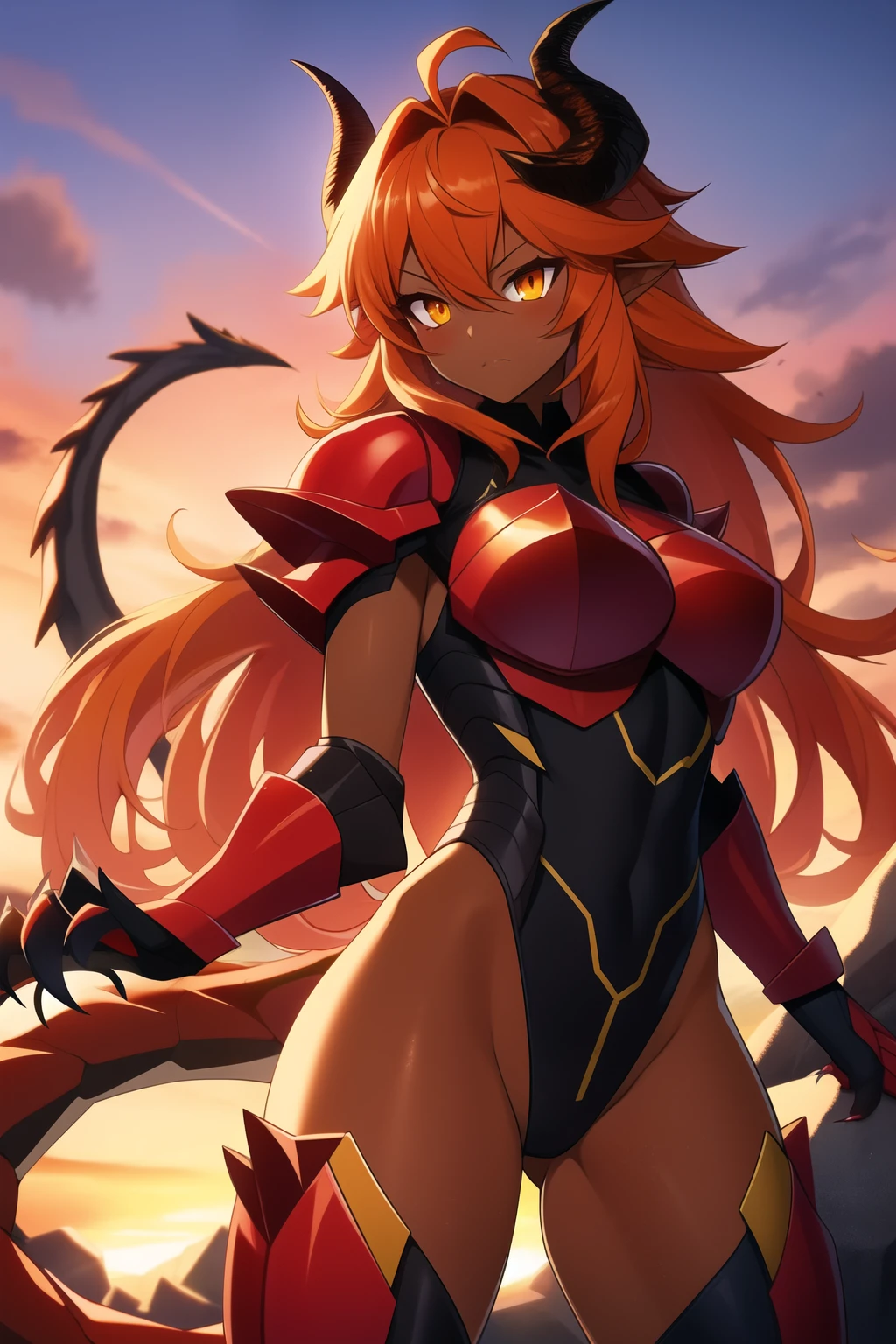 tan skin, red hair, orange hair, fluffy hair, thick hair, mane of hair, long hair, orange eyes, dragon girl, dragon tail, scales, woman, monster girl, armor, brown armor, magma, horns, brown skin, stone. bodysuit armor, pretty, mature, tomboy, claws, sharp eyes, thick tail, ruins, sharp claws, sunset, large hair, arrogant, dark skin
