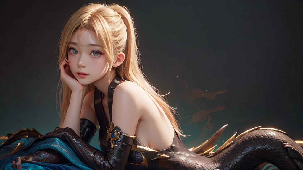 Polychrome,, night, dark, blonde, Show Viewer, In-person audience, Limited Edition Palette, Dragon Background, Shine,(Highly detailed CG Unity 8k wallpaper),(masterpiece), (Highest quality), (Vaporwave Style), (Super detailed), (Best illustrations),(Best Shadow),Perfect lighting , Perfect Anatomy , Vibrant colors、
