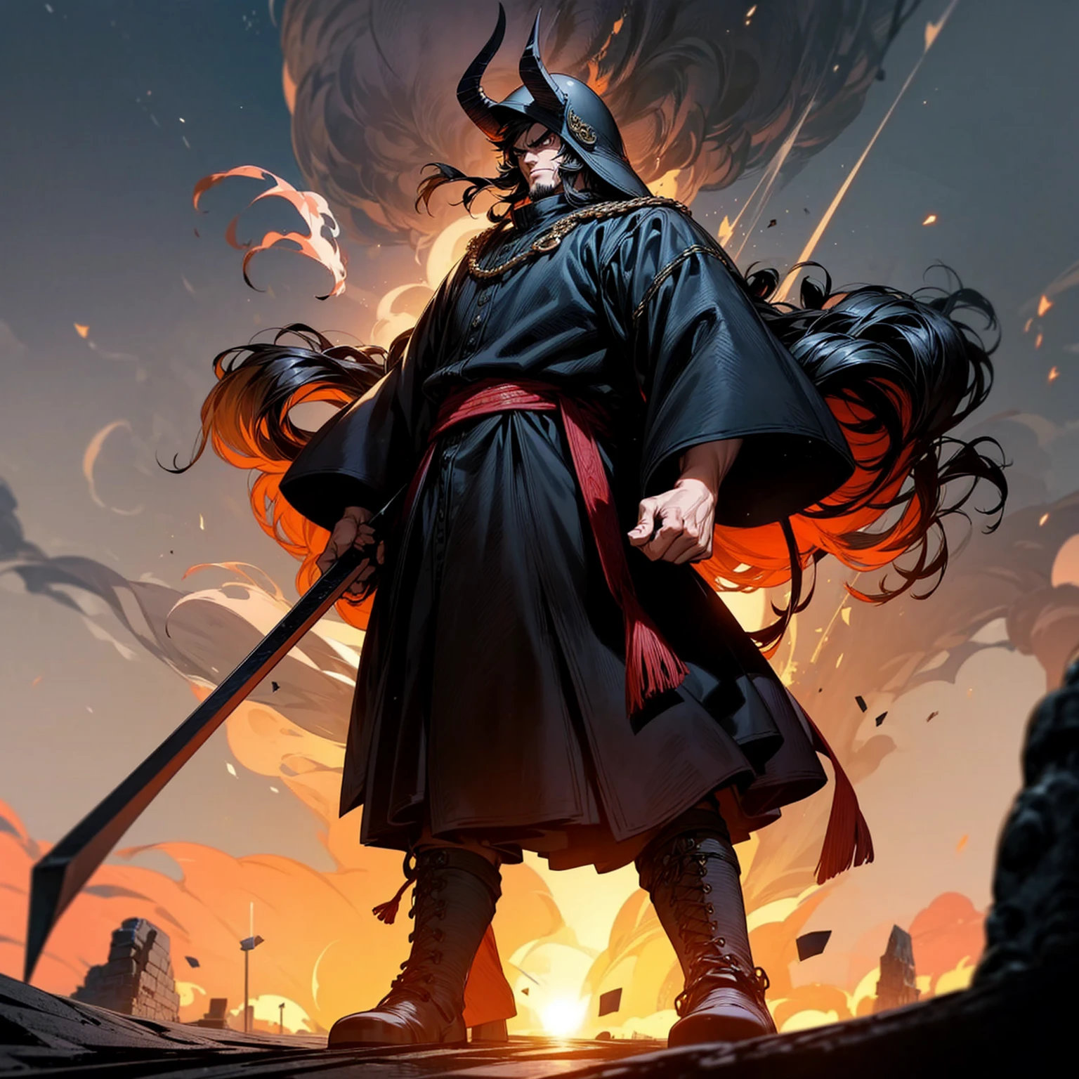 Grassroot, Full body version, solo, big man, largest muscle, largest body,very tall, 100 feet height tall, black eyes, black hair, long curly hairstyle, Vikings style clothing, boots, Vikings helmets, full background in square city, (one piece style art), standing gesture, angry eyes, smoke effect, blood on background, fire effect, sunlight behind, low angle view